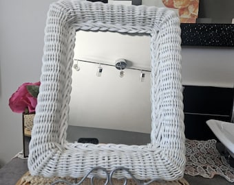 Vintage White Wicker Tabletop Mirror – Shabby Chic Boho Vanity Mirror – Cottage Decor