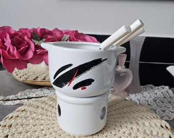 Vintage Ceramic Fondue Set – Individual Chocolate Fondue Warmer with Abstract Brushstroke Design