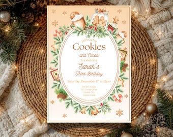 May include: A festive invitation for Sarah's third birthday, featuring watercolor illustrations of cookies, cocoa, and gingerbread men. The invitation includes the text "Cookies and Cocoa" and event details. The design is surrounded by a wreath of greenery and festive elements.