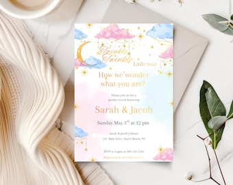 May include: A gender reveal invitation with a watercolor design. The invitation features the text "Twinkle Twinkle Little Star" and "How we wonder what you are?" in gold lettering. The invitation is for Sarah & Jacob's gender reveal on May 3rd.