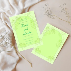 May include: Two lime green wedding invitations with floral detailing and the names "David and Loretta". The invitations are set against a neutral backdrop, with dried floral decorations.