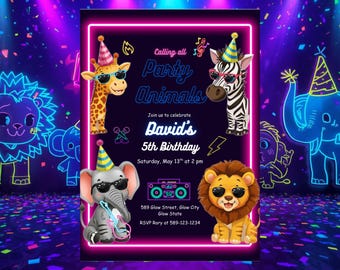 Editable Neon Party Animals Birthday Invitation, Calling all party animals Birthday, Neon Themed Birthday Invitation, Wild One Neon Party
