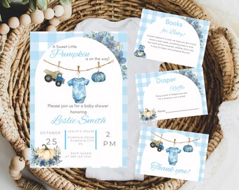 Pumpkin Baby shower Invitation Bundle, Blue Fall Invitation set, A little Pumpkin is on the way, Boy Baby Shower, Autumn Baby Shower