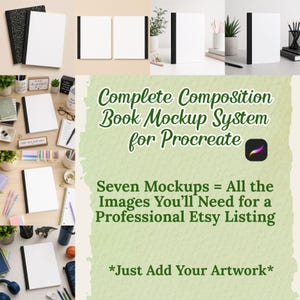 Puede incluir: Un gráfico digital que presenta un sistema de maquetas de cuadernos de composición para Procreate. El texto dice: Complete Composition Book Mockup System for Procreate. Seven Mockups = All the Images You'll Need for a Professional Etsy Listing. *Just Add Your Artwork*