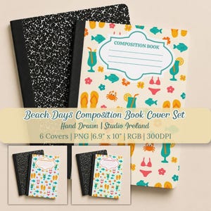 Può includere: Un set di copertine per quaderni con un motivo maculato bianco e nero e una copertina color crema con una stampa estiva di pesci, granchi, infradito, cocktail e bikini, inclusa un'etichetta centrale con la scritta COMPOSITION BOOK.