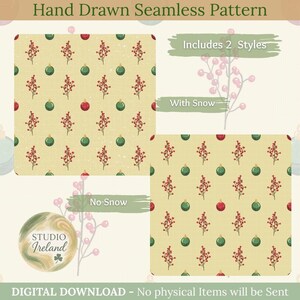 Berries and Balls Seamless Pattern - Berry Twigs, Ornaments on Cream Background