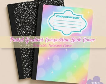 May include: Two composition books with black tape spines. One has a classic black and white speckled cover. The other features a pastel rainbow gradient background with white star accents and a central white label with the text COMPOSITION BOOK.