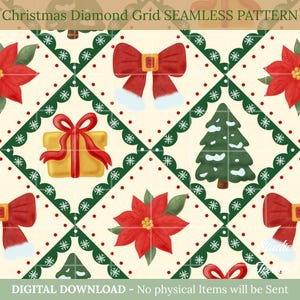 May include: A seamless Christmas-themed pattern featuring red poinsettias, gift boxes, bows, and Christmas trees. The design is set against a cream background with a diamond grid pattern, accented with green scalloped edges and snowflakes. The text at the top says "Christmas Diamond Grid SEAMLESS PATTERN".