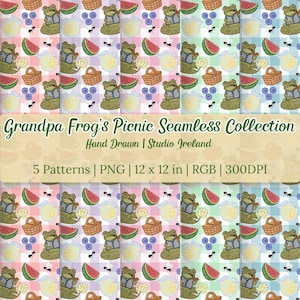 Puede incluir: Colección de cinco patrones sin costuras con una rana de dibujos animados con chaleco, cesta de picnic, rodajas de sandía, arándanos y una jarra. Los patrones están en varios esquemas de colores pastel. El texto dice "Grandpa Frog's Picnic Seamless Collection". Cada patrón mide 30,48 x 30,48 cm.
