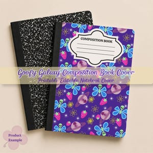 May include: Two composition books, one with a classic black and white speckled pattern and the other with a purple background featuring a pattern of blue butterflies with alien heads, pink strawberries, planets, and atoms, plus a white label.