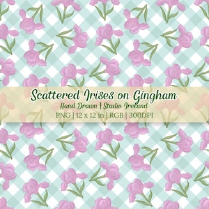 Seamless Pattern PNG Gingham Fabric Design Iris Floral Digital Paper Repeating Pattern Cottagecore Wallpaper Flower Quilt Fabric