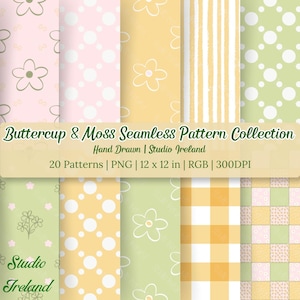 May include: A collection of seamless patterns in pastel colors, including pink, yellow, and green. Designs feature floral, polka dot, and striped motifs. The text reads "Buttercup & Moss Seamless Pattern Collection" and "Studio Ireland."