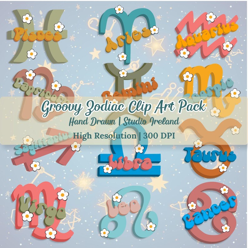 Groovy Zodiac Clip Art Bundle PNG Retro Astrology Clipart Celestial ...