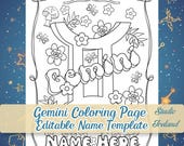 Groovy Gemini Coloring Page, Printable Personalized Name Coloring Page, Zodiac Coloring Sheet, Astrology Gift, Includes Matching Bookmark
