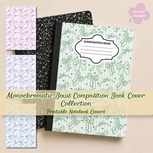 May include: A collection of printable composition book covers featuring a repeating pattern of bows and small hearts on a striped background. One cover is green, while others appear in purple and blue. Each includes a central label for text.