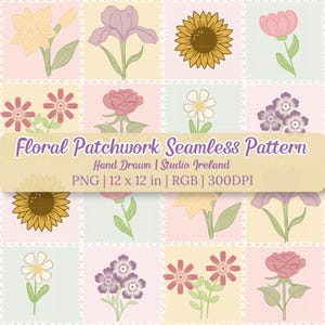 May include: A seamless digital pattern featuring a grid of pastel-colored squares, each containing hand-drawn illustrations of various flowers like sunflowers, roses, and daisies. A central banner displays the text Floral Patchwork Seamless Pattern, Hand Drawn | Studio Ireland, PNG | 12 x 12 in | RGB | 300DPI.