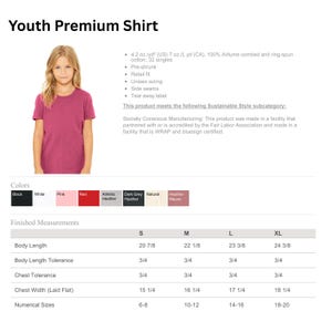 May include: A Youth Premium Shirt product information sheet featuring a short-sleeved magenta t-shirt, fabric specifications of 4.2 oz./yd2, 100% Airlume combed and ring-spun cotton, a color palette, and a finished measurements table in inches.
