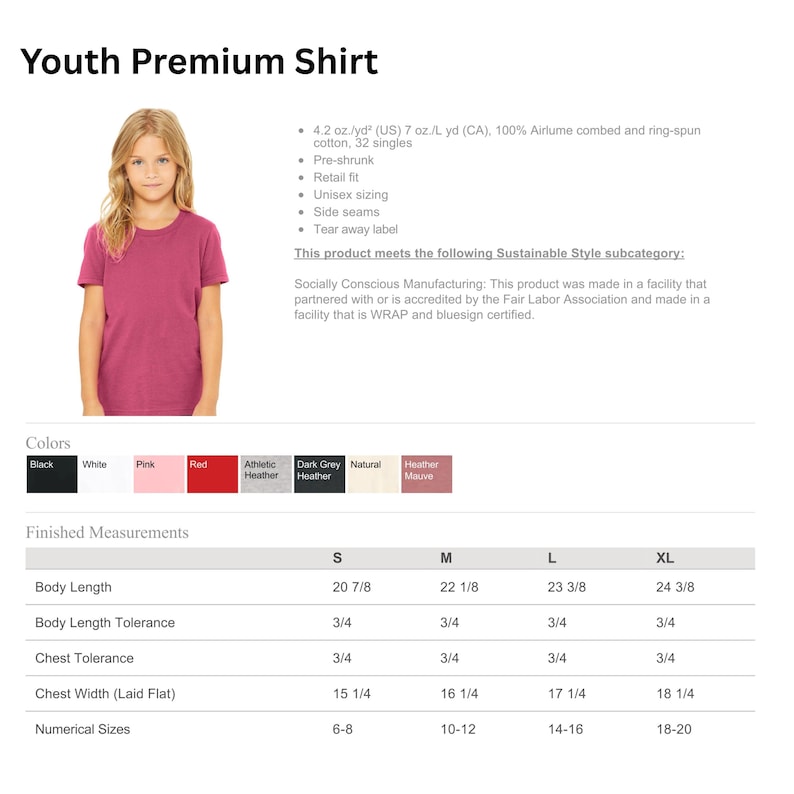 May include: A Youth Premium Shirt product information sheet featuring a short-sleeved magenta t-shirt, fabric specifications of 4.2 oz./yd2, 100% Airlume combed and ring-spun cotton, a color palette, and a finished measurements table in inches.