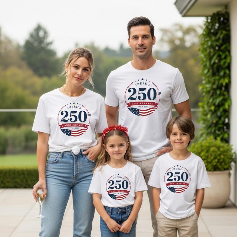 May include: White short-sleeved t-shirts featuring a circular graphic with the text America 250th Anniversary 1776-2026, a large blue number 250, and a red and white striped banner with a blue field of white stars at the bottom of the design.
