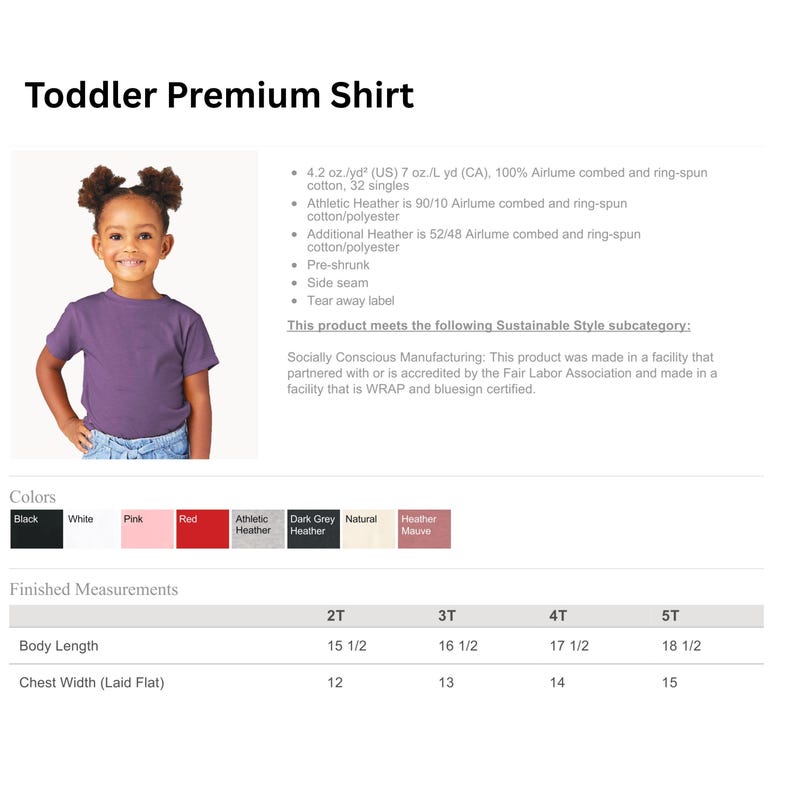 May include: A toddler premium shirt in a solid purple color with short sleeves and a crew neckline. The image includes a product specification chart listing fabric composition, manufacturing standards, available color swatches, and a size chart.