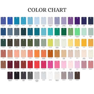 May include: A color chart featuring a grid of numerous t-shirt icons in various shades, including blues, greens, yellows, oranges, reds, pinks, purples, grays, and browns. Each icon is labeled with its specific color name underneath the graphic.