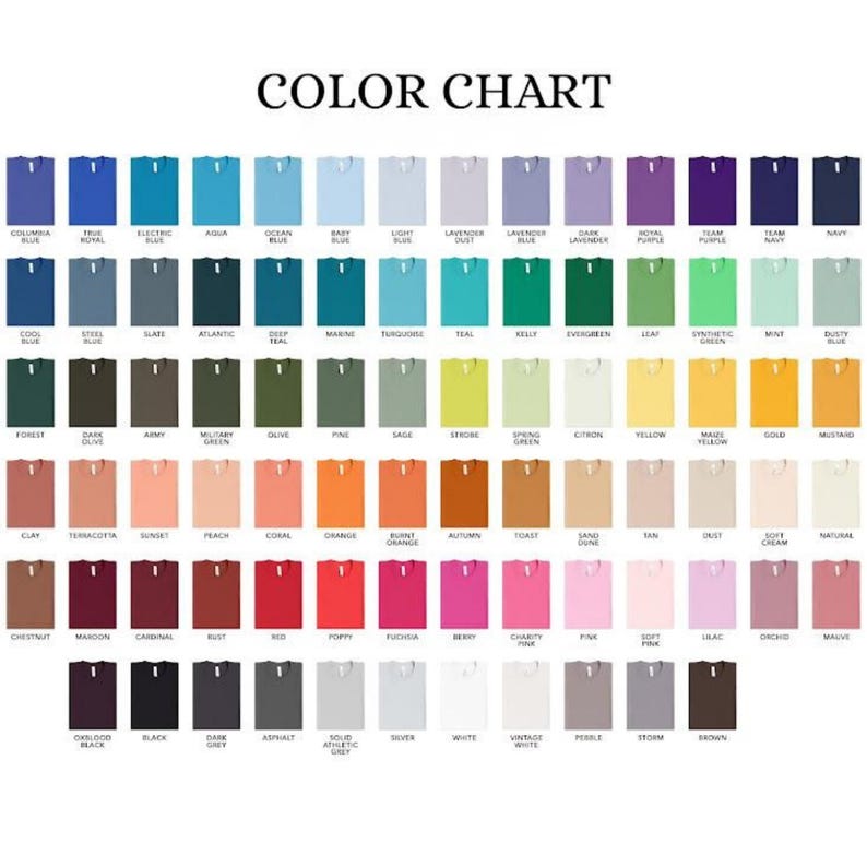 May include: A color chart featuring a grid of numerous t-shirt icons in various shades, including blues, greens, yellows, oranges, reds, pinks, purples, grays, and browns. Each icon is labeled with its specific color name underneath the graphic.
