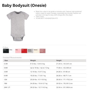 May include: A heather gray short-sleeve baby bodysuit featuring an expandable lap shoulder neckline and bottom snaps. The product information lists 100% cotton material, available colors including black, white, pink, red, heather, and natural.