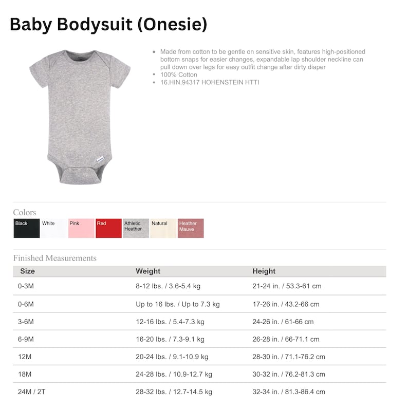 May include: A heather gray short-sleeve baby bodysuit featuring an expandable lap shoulder neckline and bottom snaps. The product information lists 100% cotton material, available colors including black, white, pink, red, heather, and natural.