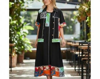 Conjunto de vestido de 2 piezas Copa Cabana Vintage con estampado mixto de cebra tropical, largo maxi negro, fabricado en EE. UU.