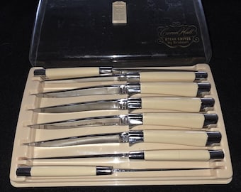 Juego de 8 cuchillos para carne Carvel Hall by Briddell antiguos, de acero cromado marfil, estilo MCM original.