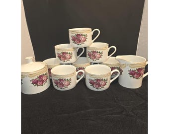 Juego de vajilla vintage Farberware Sydney Roses 4092 - 8 tazas planas + jarra para crema y azucarero con tapa...