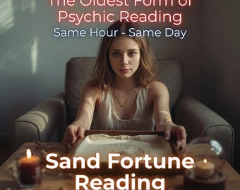May include: A woman sits at a table with a tray of sand, cards, and a candle. Text reads "The Oldest Form of Psychic Reading Same Hour - Same Day" and "Sand Fortune Reading". The scene is dimly lit, suggesting a mystical or spiritual theme.