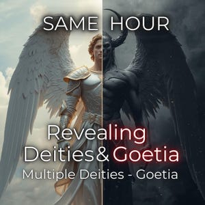 Op de afbeelding: Digitale illustratie met een engel en een demon naast elkaar. De engel draagt een wit en goudkleurig harnas met witte vleugels. De demon is donker met zwarte vleugels en hoorns. Tekst: "SAME HOUR" en "Revealing Deities & Goetia".