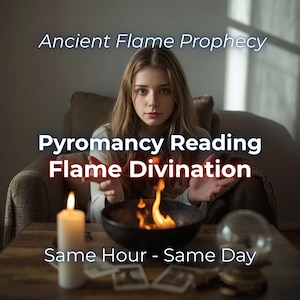Puede incluir: Imagen con el texto "Ancient Flame Prophecy" y "Pyromancy Reading Flame Divination". Una mujer está sentada, con un cuenco de fuego y una vela encendida sobre una mesa. También se ve el texto "Same Hour - Same Day".