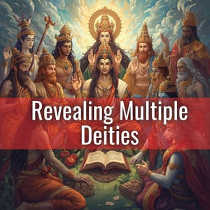 Op de afbeelding: Een artistieke weergave van meerdere goden, elk versierd met sierlijke kronen en sieraden, tegen een bewolkte lucht. De afbeelding toont figuren in verschillende poses, met de tekst "Revealing Multiple Deities" in een rode banner.