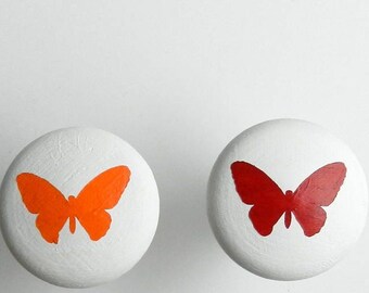 Butterfly Wooden Furniture Knobs - Hand-Painted Beechwood, Set of 2