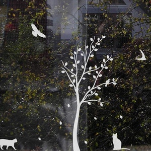 Tree Window Decal - Privacy Film For Windows With Etched or Frosted Glass Effect - Window Decoration With Birds & Cats Landscape -Home Decor
