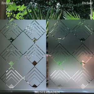 Window film with art deco inspired design in frosted (left) and etched (right).