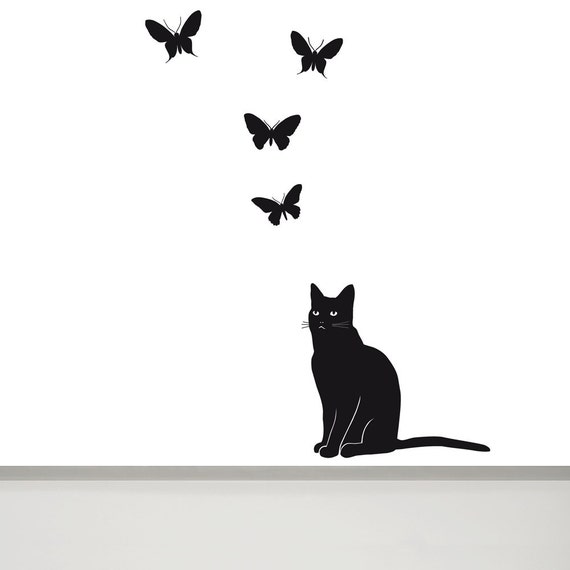cat sticker cat wall decal butterfly wall decal cat decals | etsy
