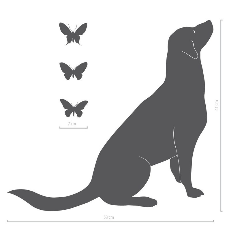 May include: A dark gray silhouette of a dog sitting and looking upward, accompanied by three small butterfly silhouettes. The dog measures 16.14 inches in height and 20.87 inches in length, while the butterflies measure 2.76 inches in width.