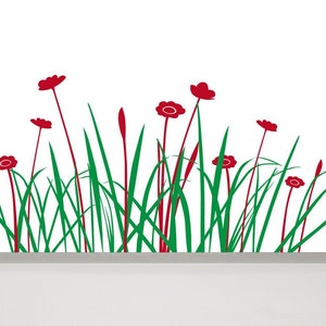 Grass and Flowers Wall Decal, 47 in long Grass Sticker, Livingroom Wall Decor