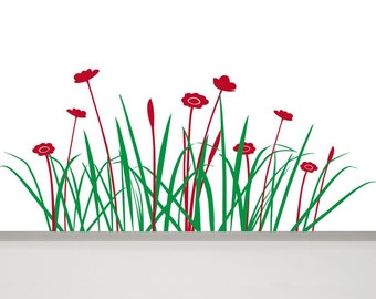 Muursticker gras en bloemen, 47 inch lange grassticker, muurdecoratie woonkamer