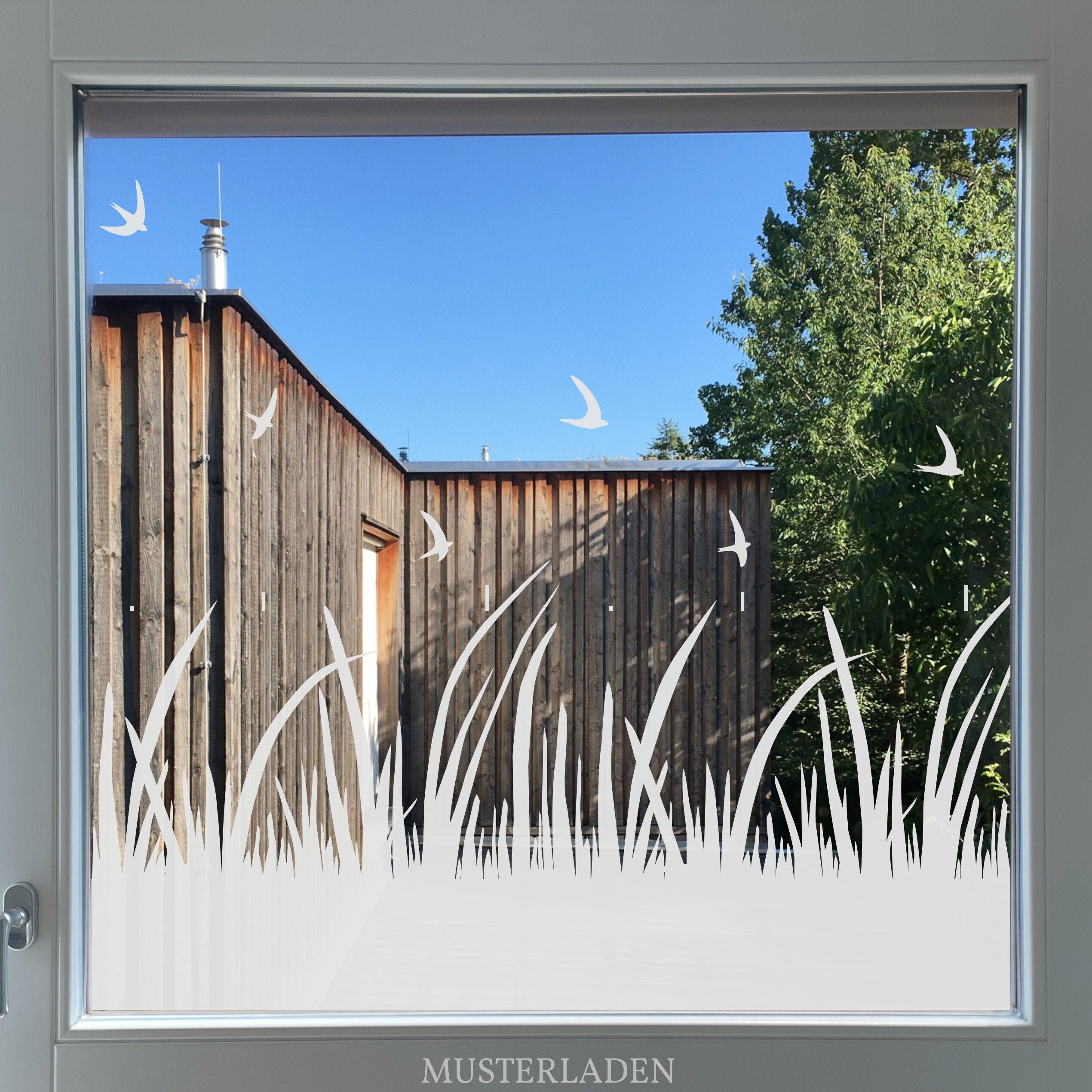 Fensterfolie mit Gräsern und Vögeln, 45 cm hoch -  Schweiz