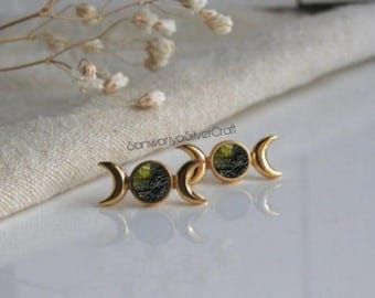 Certified Czech Republic Raw Moldavite Round Stud Earrings | 925 Sterling Silver, 18k Yellow/Rose Gold Plated Moldavite Earrings