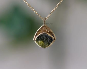 14K Gold A-Grade Certified Moldavites From Chlum, Czech Republic | Brass, Silver, 18k Yellow/Rose Gold Plated | High Vibration Jewelry
