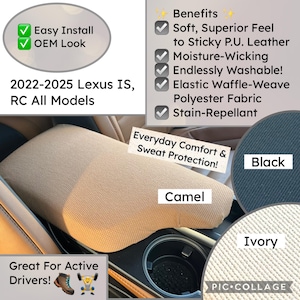 May include: A camel-colored elastic waffle-weave polyester fabric center console armrest cover for 2022-2025 Lexus IS and RC models. The image includes text listing benefits like moisture-wicking and stain-repellent properties, plus color swatches for black and ivory.