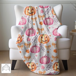 Cozy Pink Pumpkin Halloween Plush Blanket, Pumpkin Throw Blanket, Cute Autumn Blanket, Fall Bedding