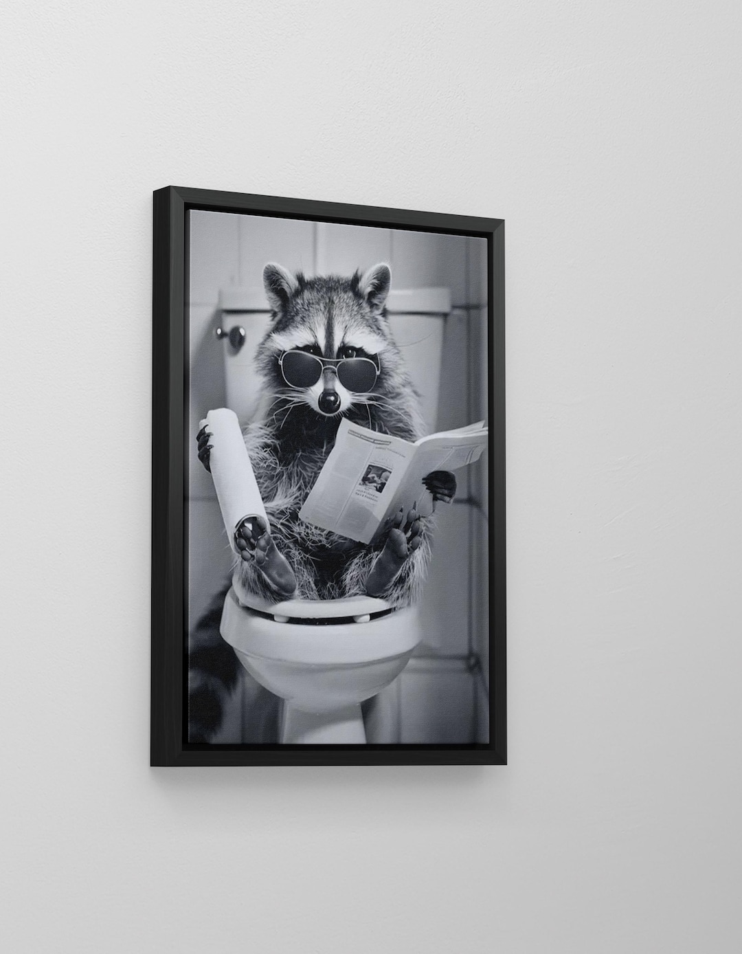 Funny Raccoon Reading Newspaper on the Toilet Canvas Art Print - Black ...