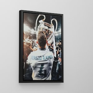 Sergio Ramos Champions League Trophy Canvas Art Poster, Black and White Sports Decor , Wall Decor Canvas And Poster Black White Frame