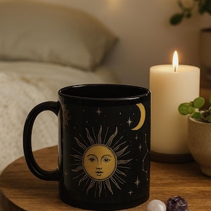 Celestial Black Mug: Moon & Sun Design for Astrology Lovers, Gift for Witchy Friends, Coffee Mug, Starry Night Decor